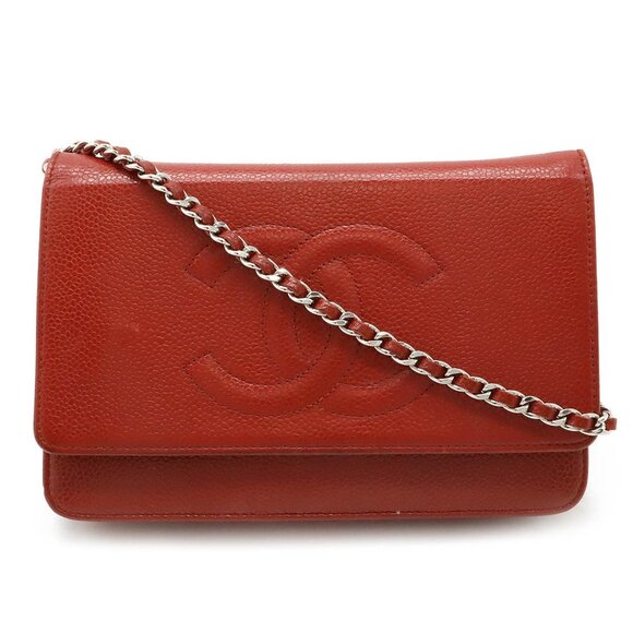 CHANEL Handbags - CHANEL Red Caviar Leather Logo Shoulder Bag